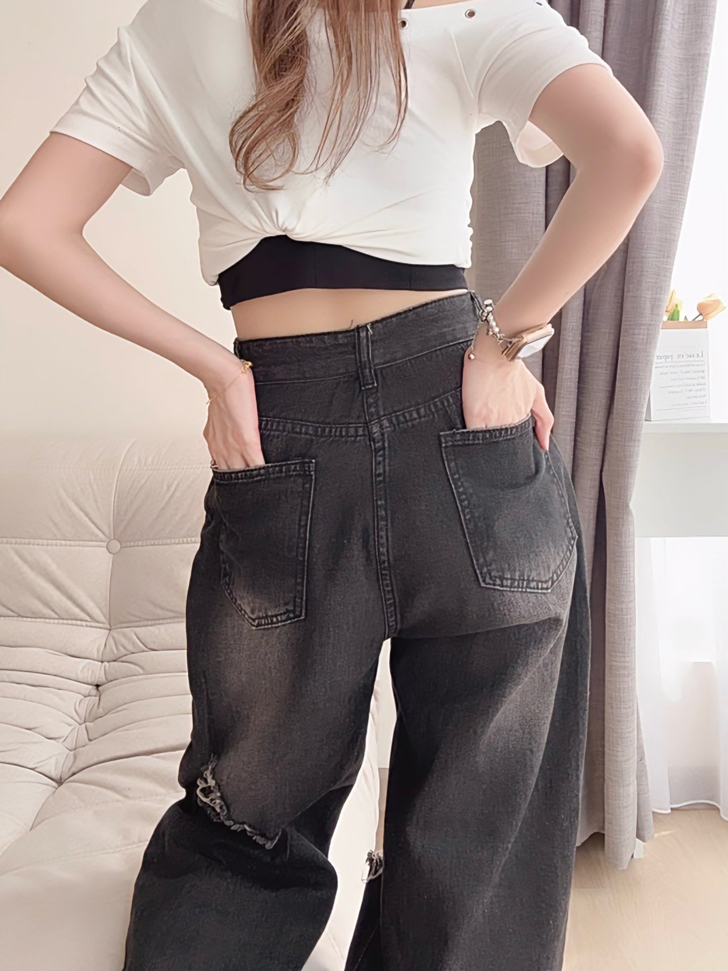 BLACK RIPPED WIDE-LEG JEANS- PETITEGIRLS 小个子定制款