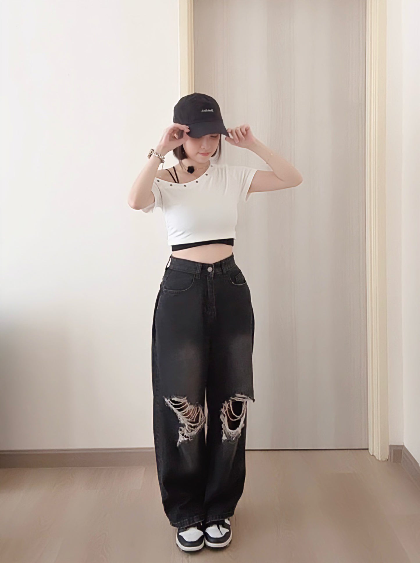 BLACK RIPPED WIDE-LEG JEANS- PETITEGIRLS 小个子定制款