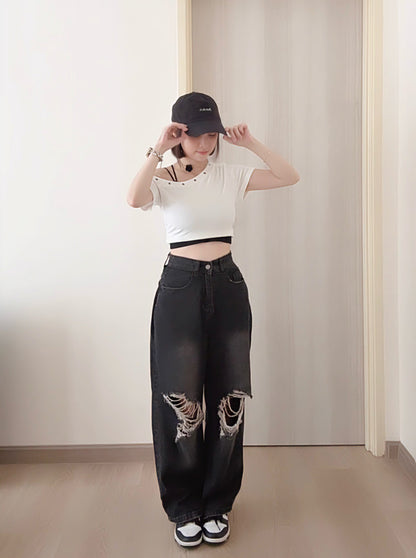 BLACK RIPPED WIDE-LEG JEANS- PETITEGIRLS 小个子定制款