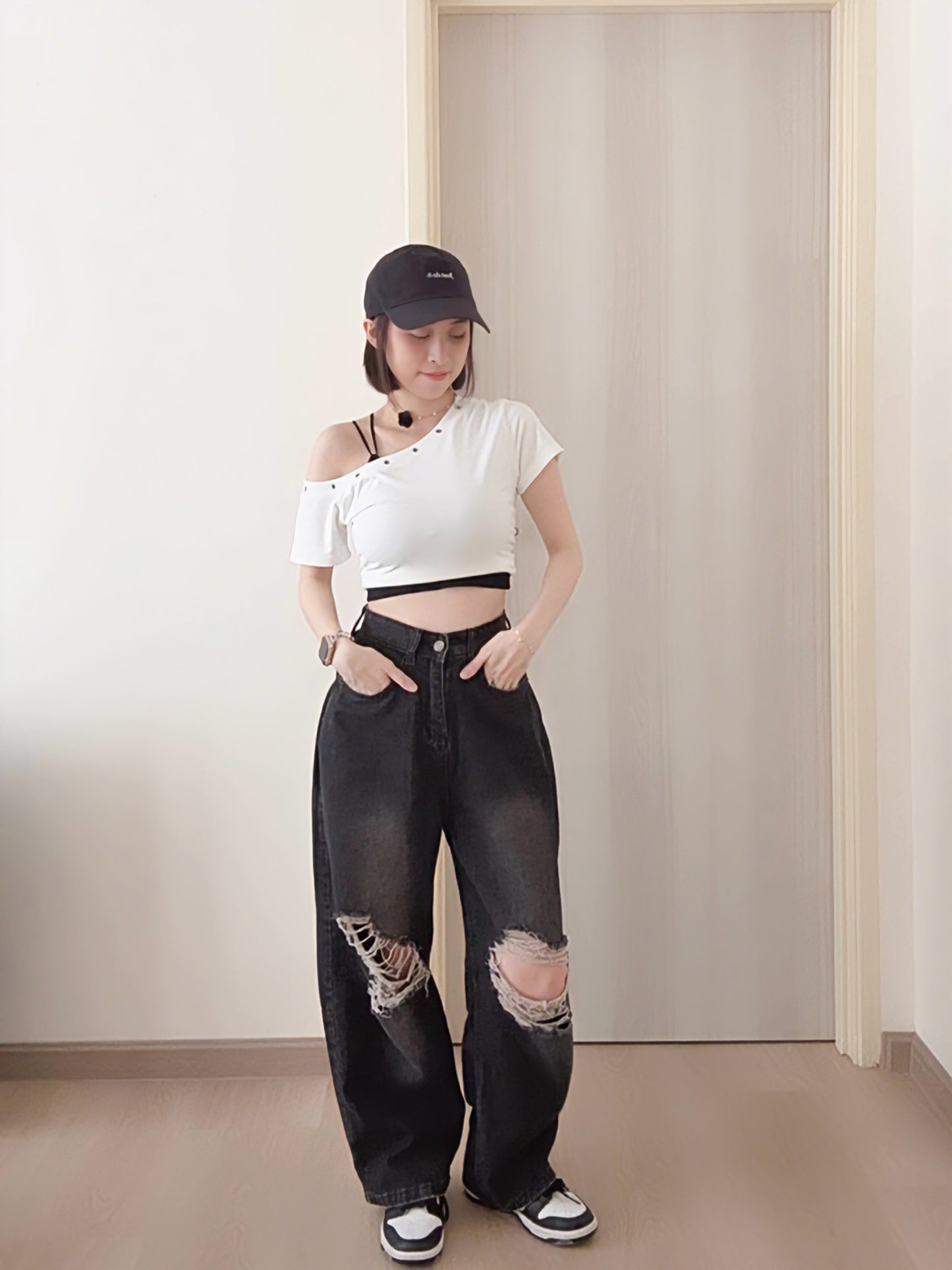 BLACK RIPPED WIDE-LEG JEANS- PETITEGIRLS 小个子定制款