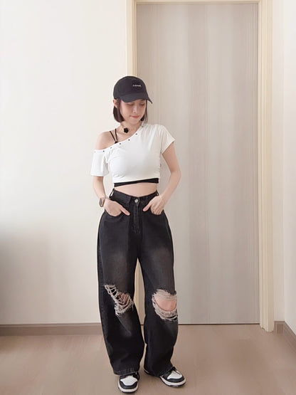 BLACK RIPPED WIDE-LEG JEANS- PETITEGIRLS 小个子定制款