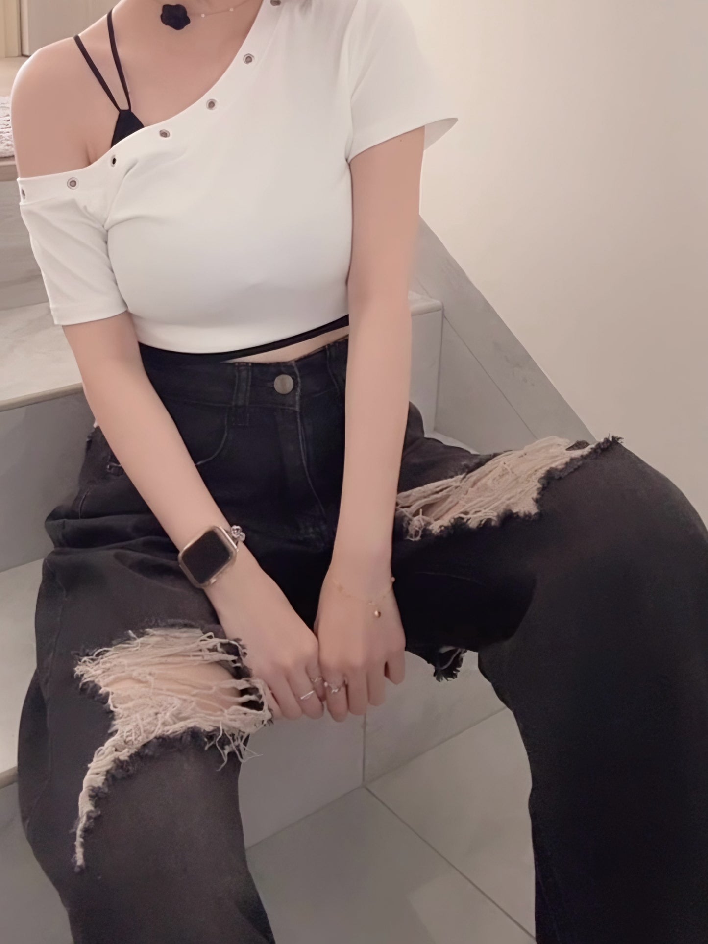 BLACK RIPPED WIDE-LEG JEANS- PETITEGIRLS 小个子定制款