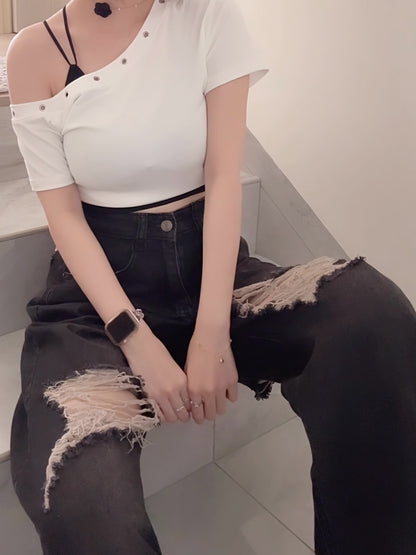 BLACK RIPPED WIDE-LEG JEANS- PETITEGIRLS 小个子定制款