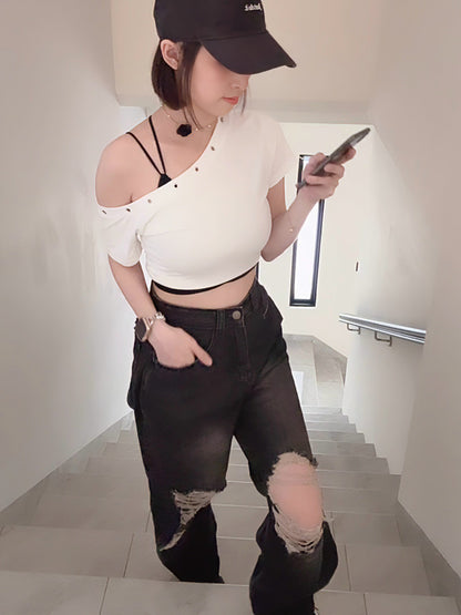 BLACK RIPPED WIDE-LEG JEANS- PETITEGIRLS 小个子定制款