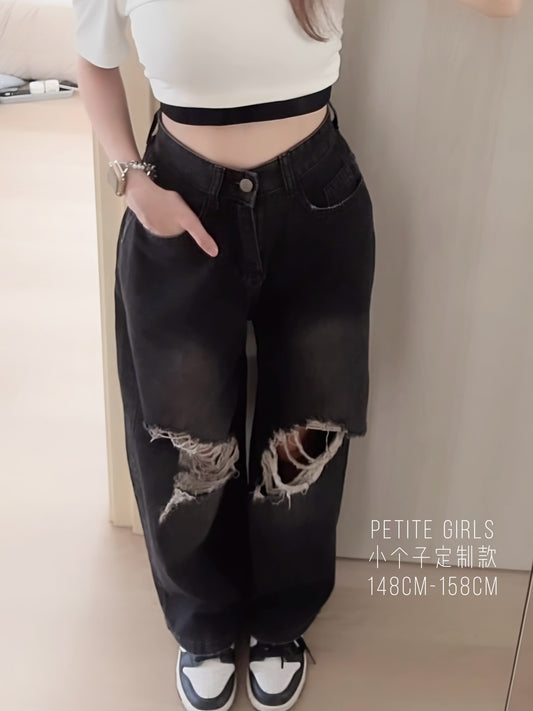 BLACK RIPPED WIDE-LEG JEANS- PETITEGIRLS 小个子定制款