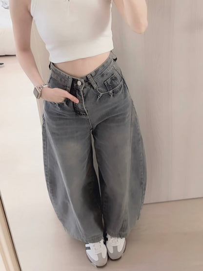 CURVE-CUT TAPERED BLUE JEANS - PETITEGIRLS 小个子定制款