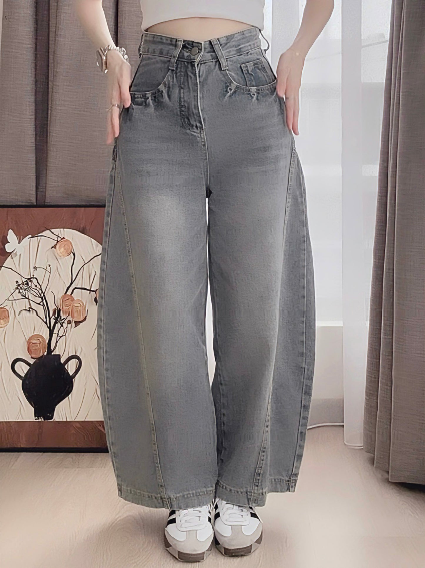 CURVE-CUT TAPERED BLUE JEANS - PETITEGIRLS 小个子定制款
