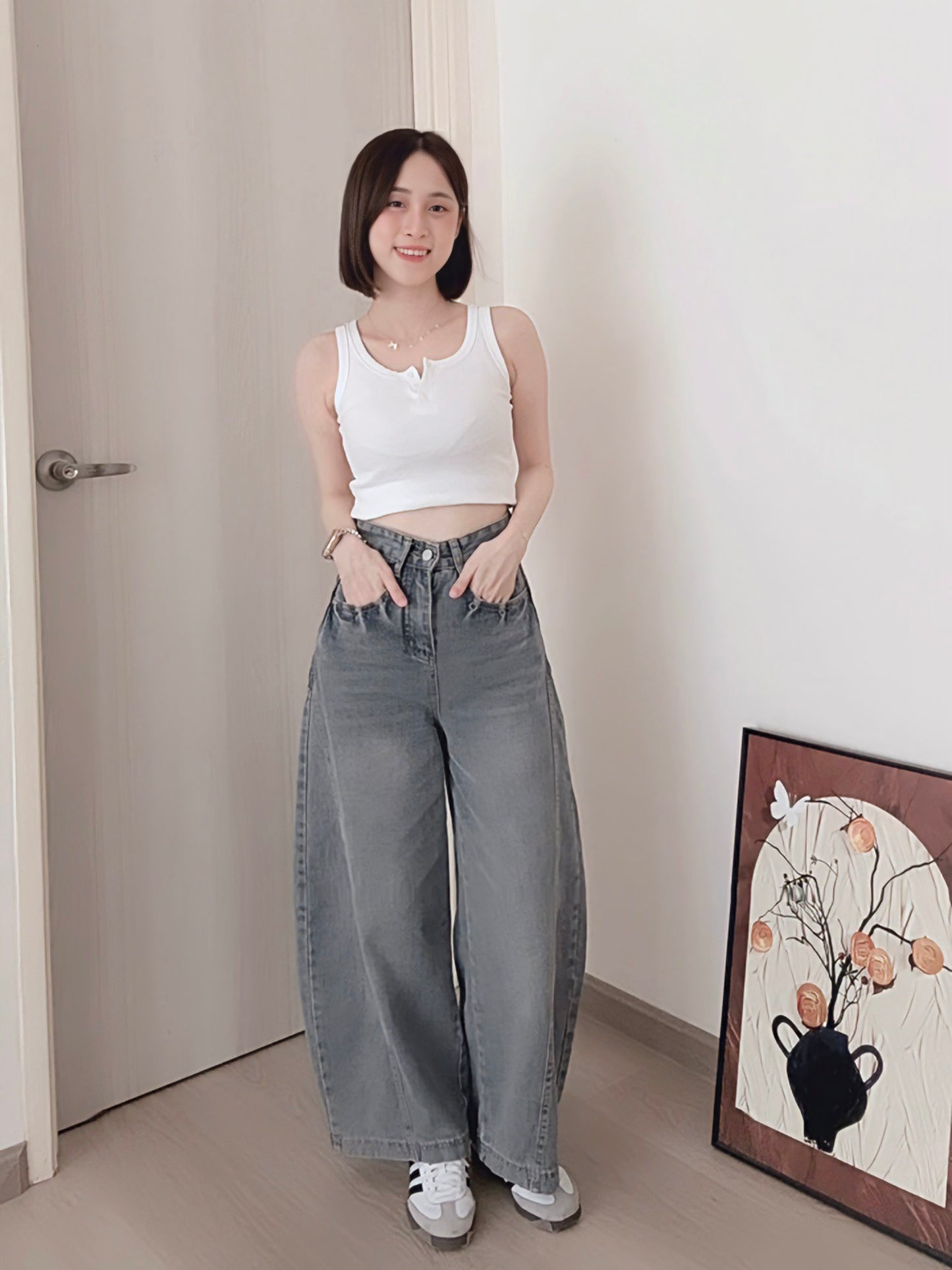 CURVE-CUT TAPERED BLUE JEANS - PETITEGIRLS 小个子定制款