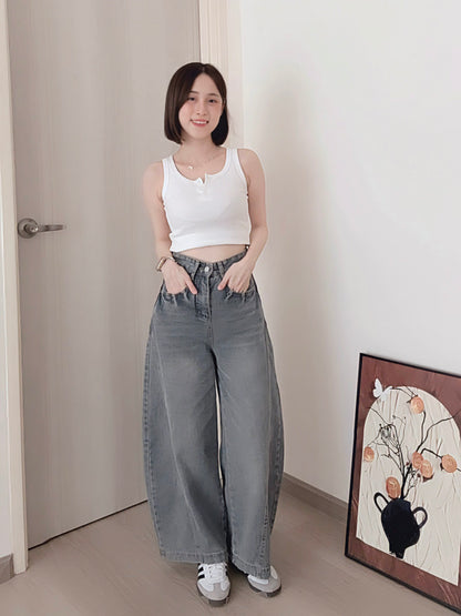 CURVE-CUT TAPERED BLUE JEANS - PETITEGIRLS 小个子定制款