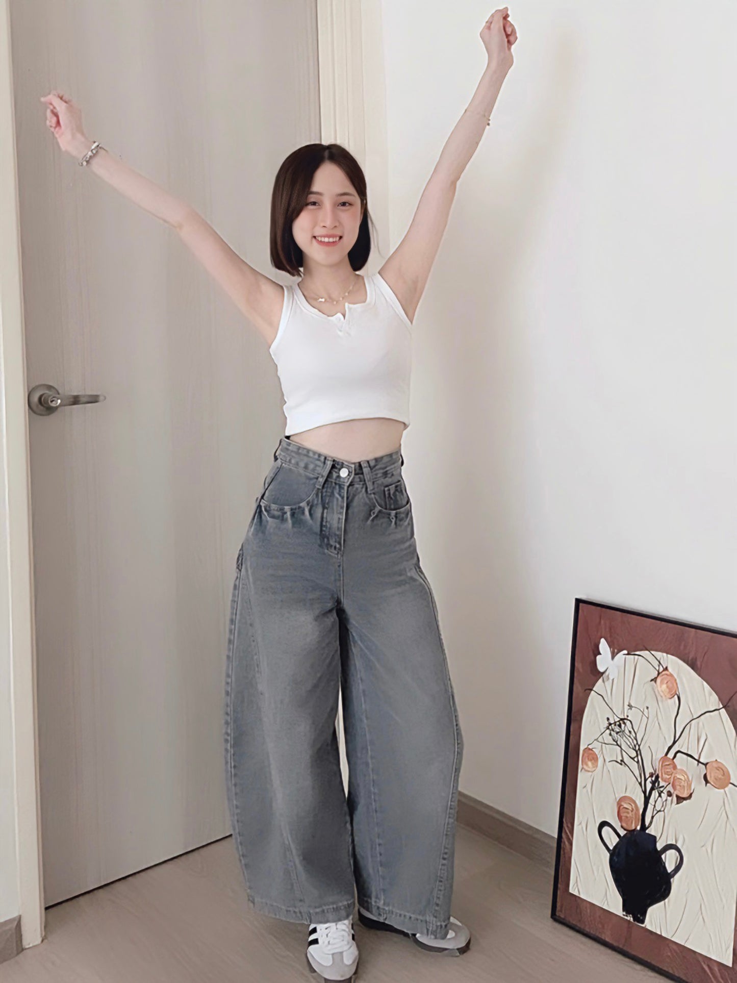 CURVE-CUT TAPERED BLUE JEANS - PETITEGIRLS 小个子定制款