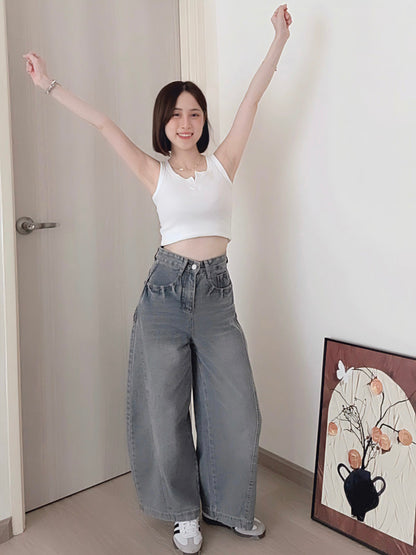 CURVE-CUT TAPERED BLUE JEANS - PETITEGIRLS 小个子定制款