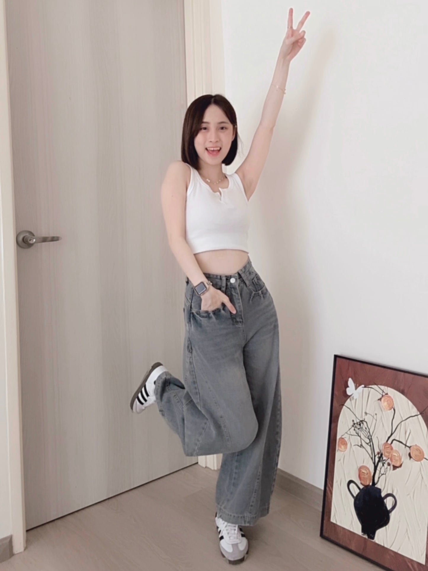 CURVE-CUT TAPERED BLUE JEANS - PETITEGIRLS 小个子定制款