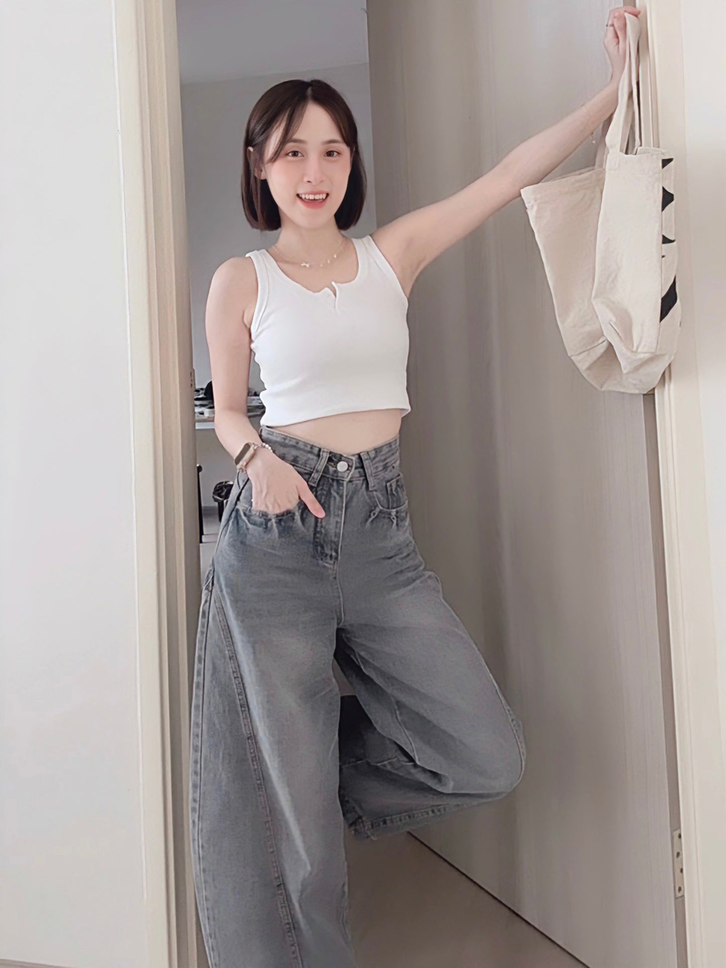 CURVE-CUT TAPERED BLUE JEANS - PETITEGIRLS 小个子定制款