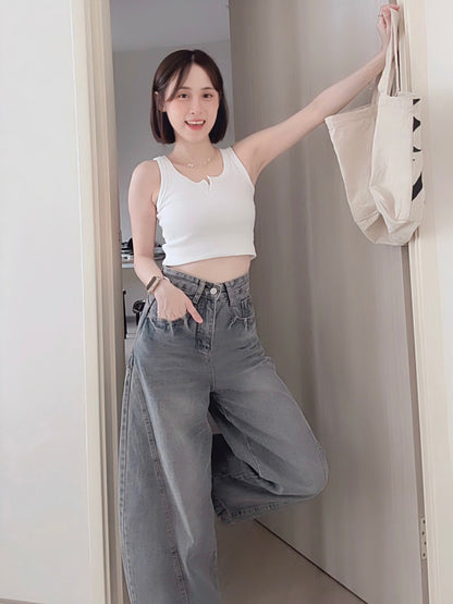 CURVE-CUT TAPERED BLUE JEANS - PETITEGIRLS 小个子定制款