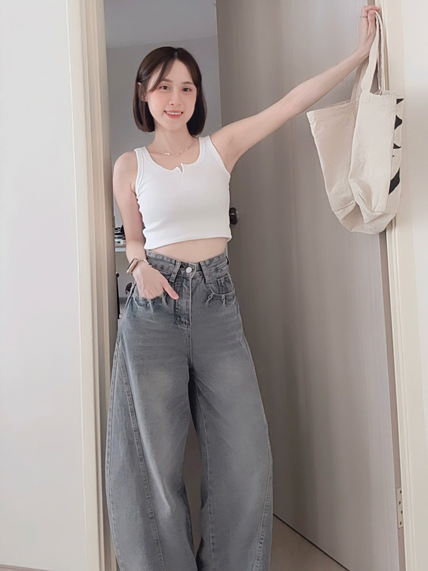 CURVE-CUT TAPERED BLUE JEANS - PETITEGIRLS 小个子定制款