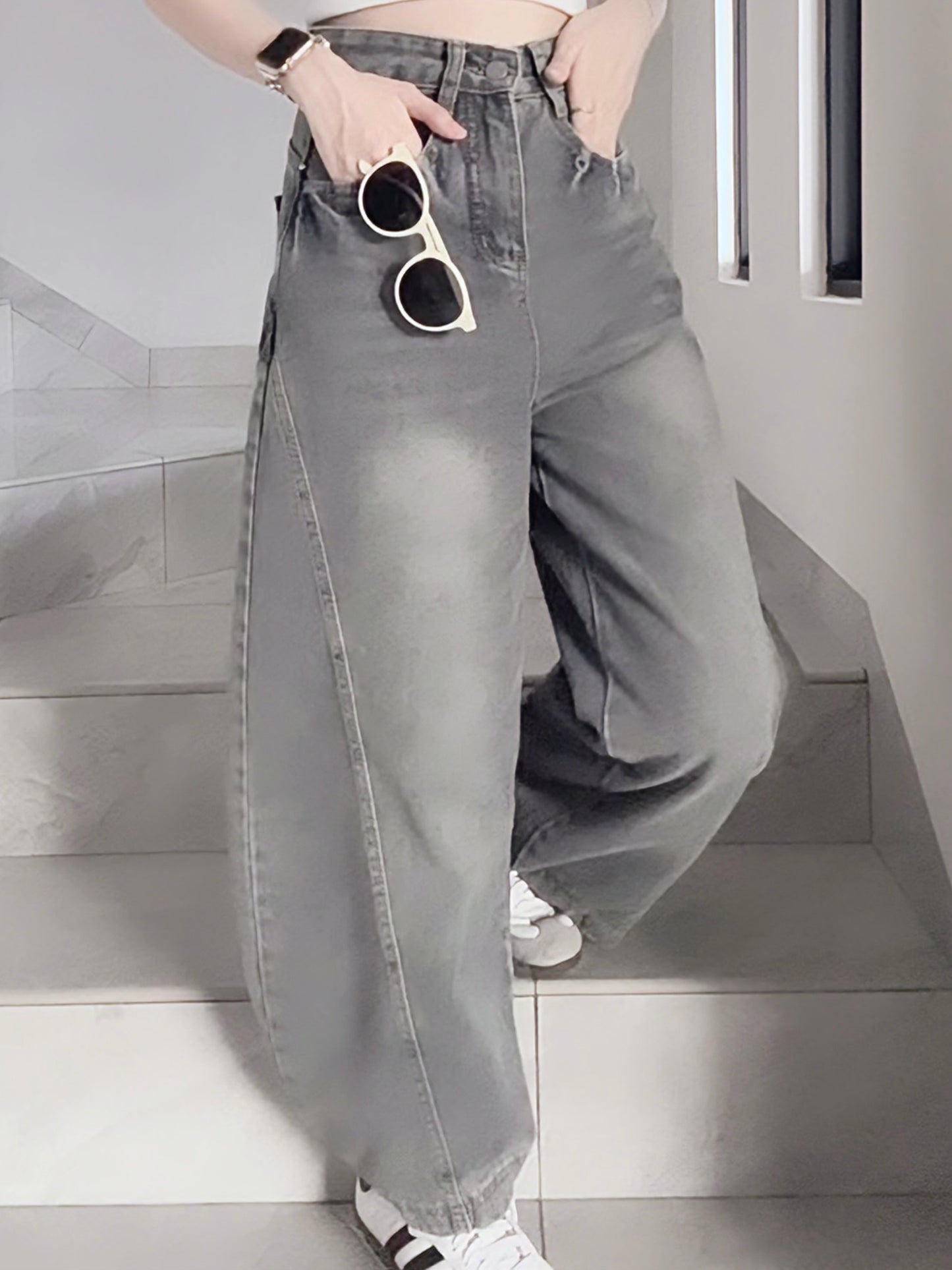 CURVE-CUT TAPERED BLUE JEANS - PETITEGIRLS 小个子定制款
