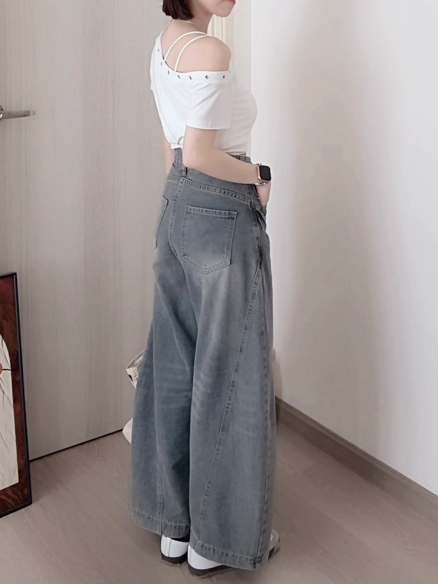 CURVE-CUT TAPERED BLUE JEANS - PETITEGIRLS 小个子定制款