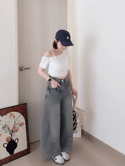 CURVE-CUT TAPERED BLUE JEANS - PETITEGIRLS 小个子定制款