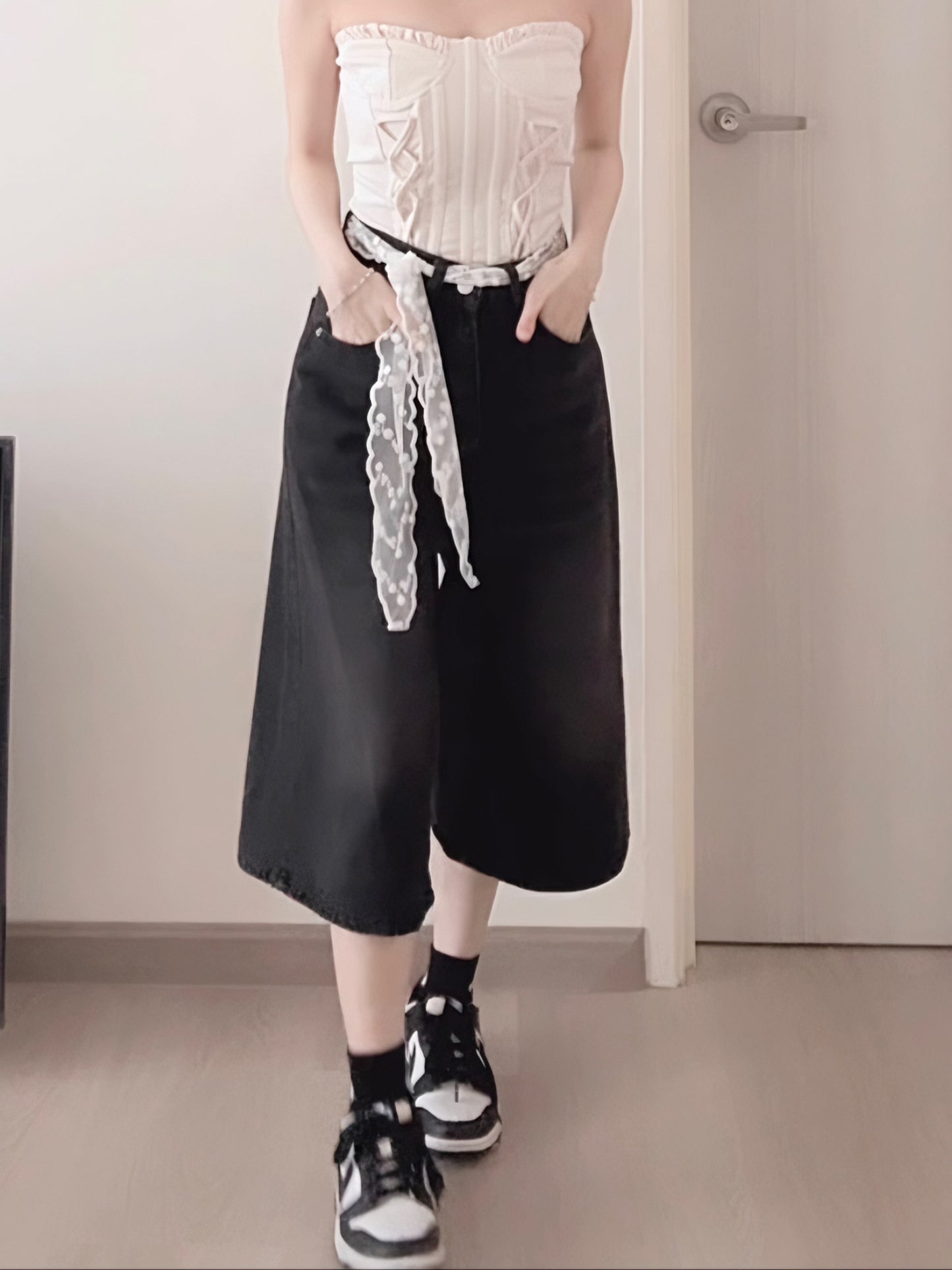 BLACK WASHED DENIM CAPRIS - PETITEGIRLS 小个子定制款