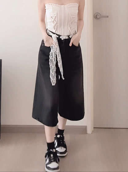 BLACK WASHED DENIM CAPRIS - PETITEGIRLS 小个子定制款