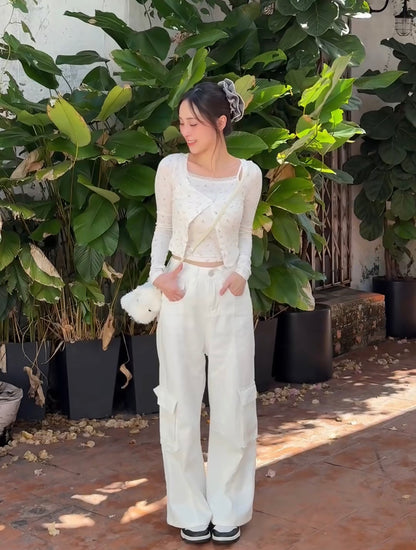 WHITE POCKET CARGO JEANS - PETITEGIRLS 小个子定制款
