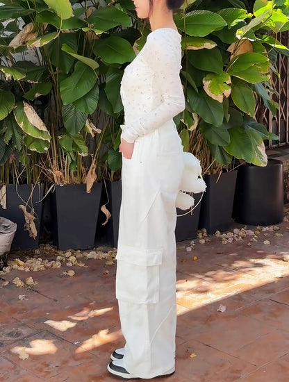WHITE POCKET CARGO JEANS - PETITEGIRLS 小个子定制款