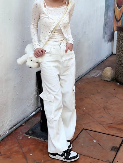 WHITE POCKET CARGO JEANS - PETITEGIRLS 小个子定制款