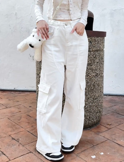 WHITE POCKET CARGO JEANS - PETITEGIRLS 小个子定制款
