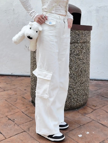 WHITE POCKET CARGO JEANS - PETITEGIRLS 小个子定制款