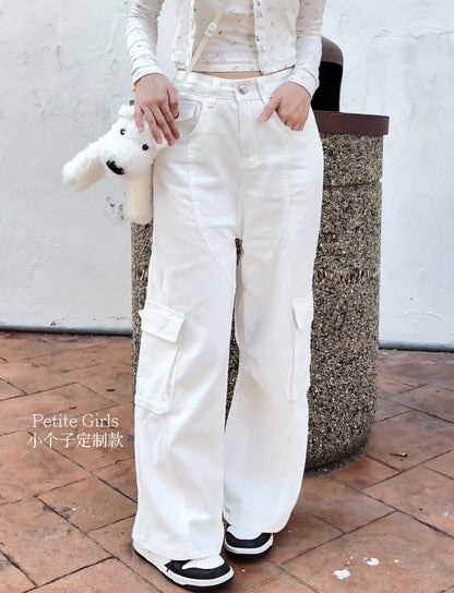 WHITE POCKET CARGO JEANS - PETITEGIRLS 小个子定制款
