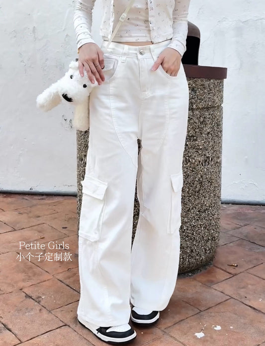 WHITE POCKET CARGO JEANS - PETITEGIRLS 小个子定制款