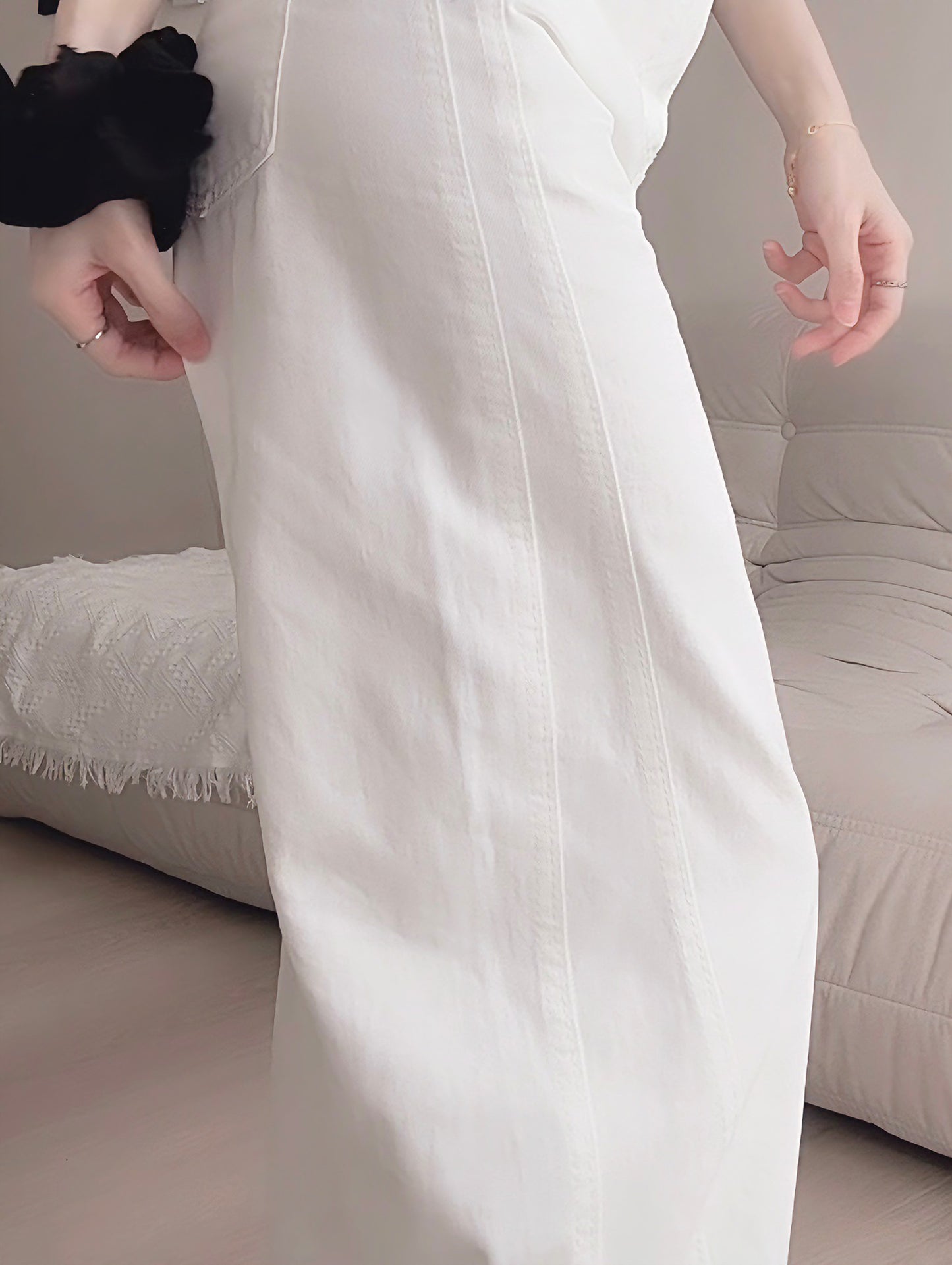 WHITE WIDE-LEG JEANS WITH CONTOUR SEAMS - PETITEGIRLS 小个子定制款