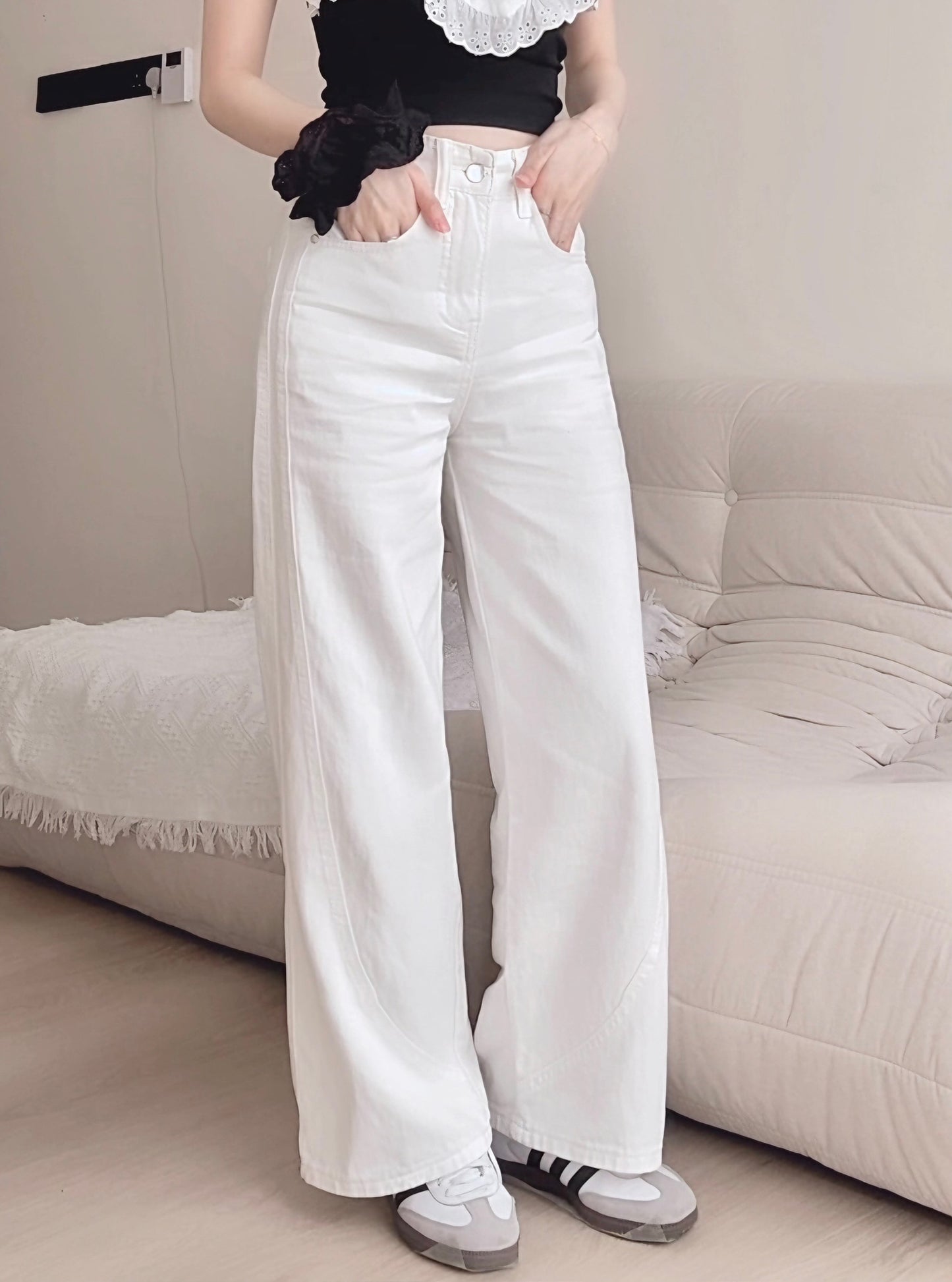 WHITE WIDE-LEG JEANS WITH CONTOUR SEAMS - PETITEGIRLS 小个子定制款