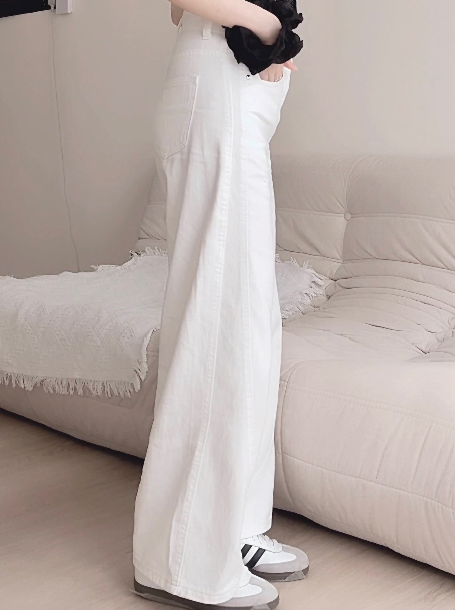 WHITE WIDE-LEG JEANS WITH CONTOUR SEAMS - PETITEGIRLS 小个子定制款