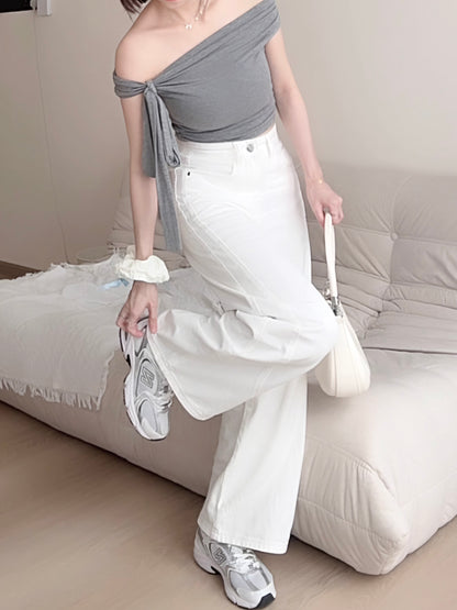 WHITE WIDE-LEG JEANS WITH CONTOUR SEAMS - PETITEGIRLS 小个子定制款