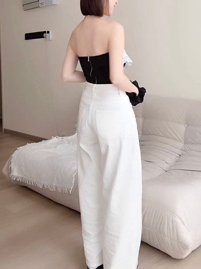 WHITE WIDE-LEG JEANS WITH CONTOUR SEAMS - PETITEGIRLS 小个子定制款