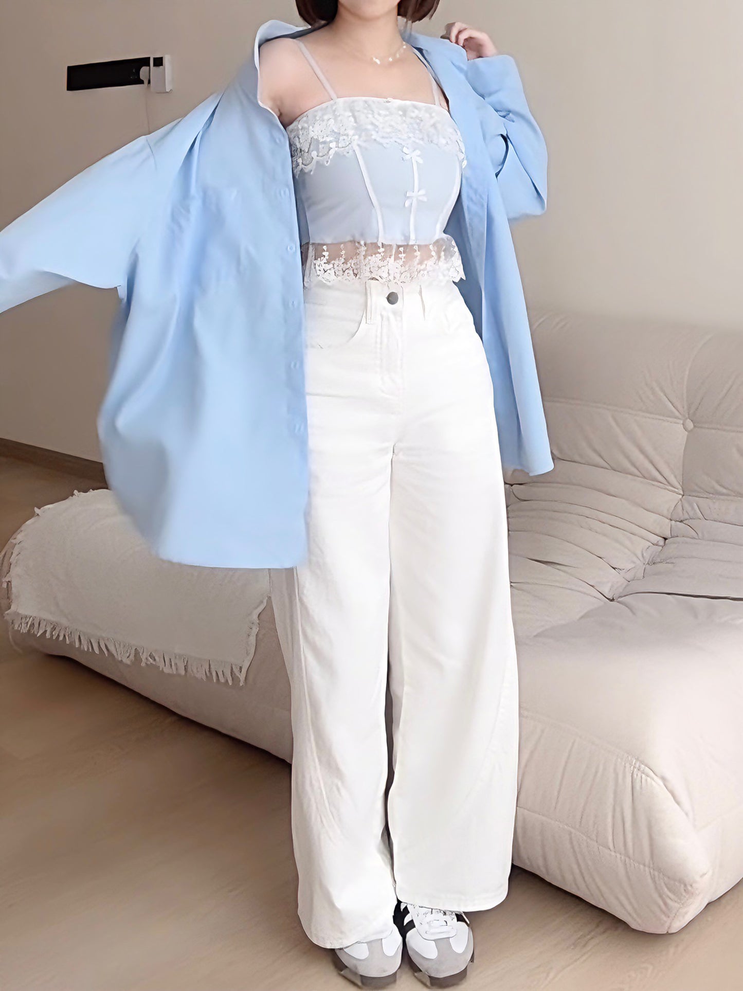 WHITE WIDE-LEG JEANS WITH CONTOUR SEAMS - PETITEGIRLS 小个子定制款