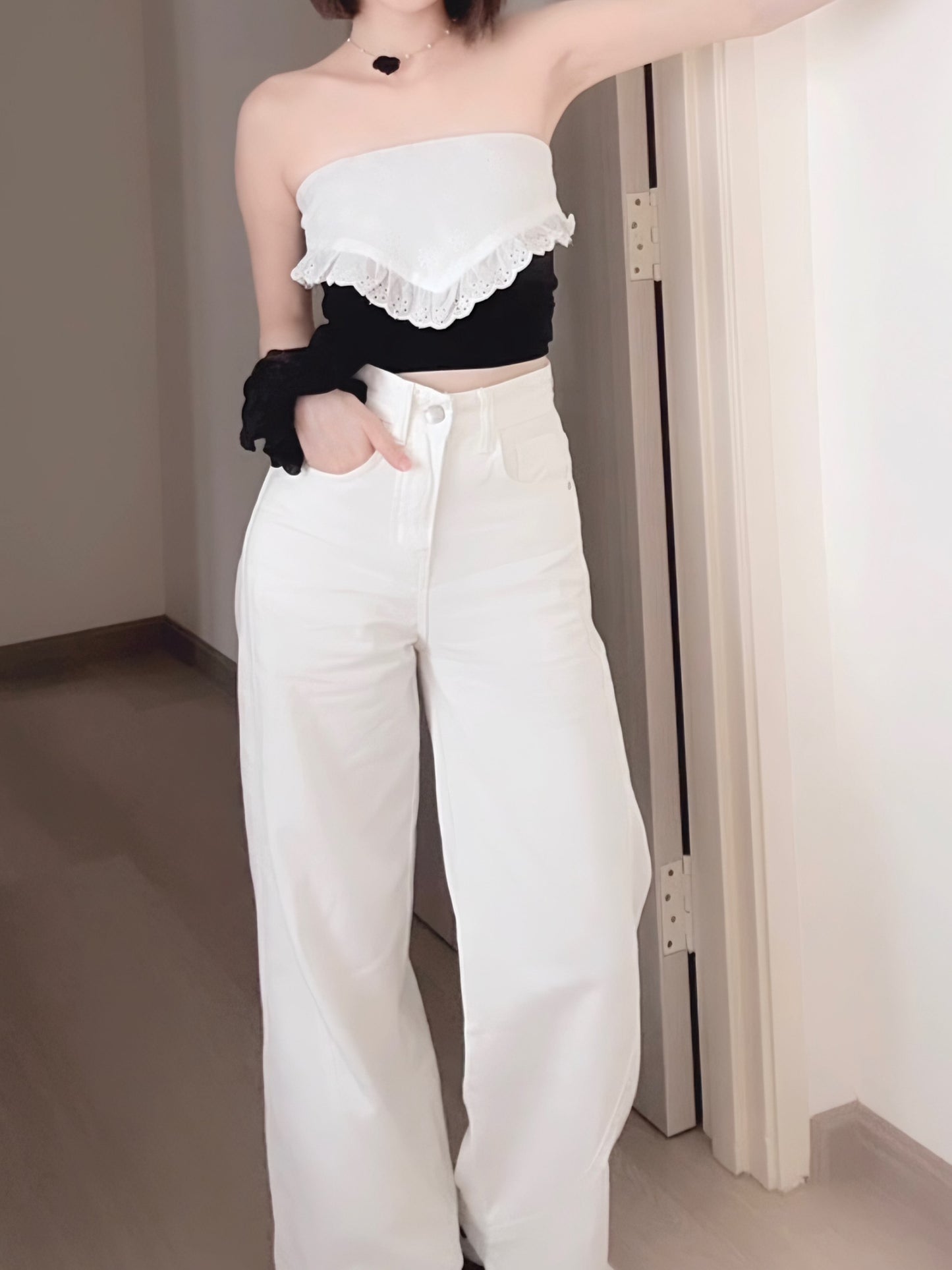 WHITE WIDE-LEG JEANS WITH CONTOUR SEAMS - PETITEGIRLS 小个子定制款