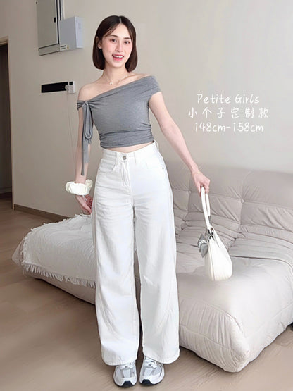 WHITE WIDE-LEG JEANS WITH CONTOUR SEAMS - PETITEGIRLS 小个子定制款