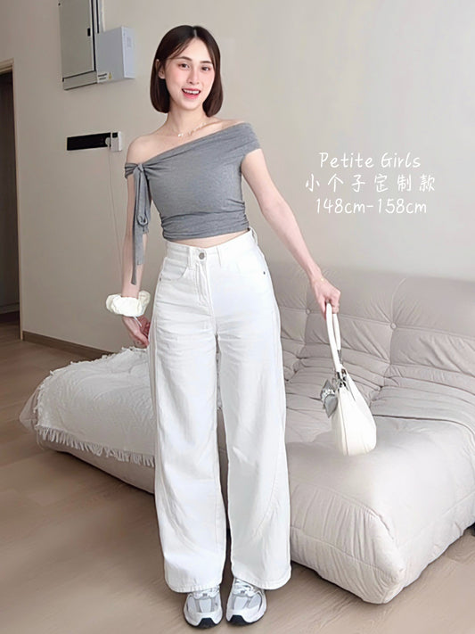 WHITE WIDE-LEG JEANS WITH CONTOUR SEAMS - PETITEGIRLS 小个子定制款