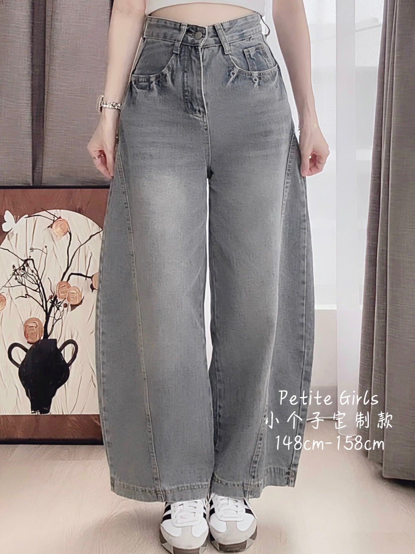 CURVE-CUT TAPERED BLUE JEANS - PETITEGIRLS 小个子定制款