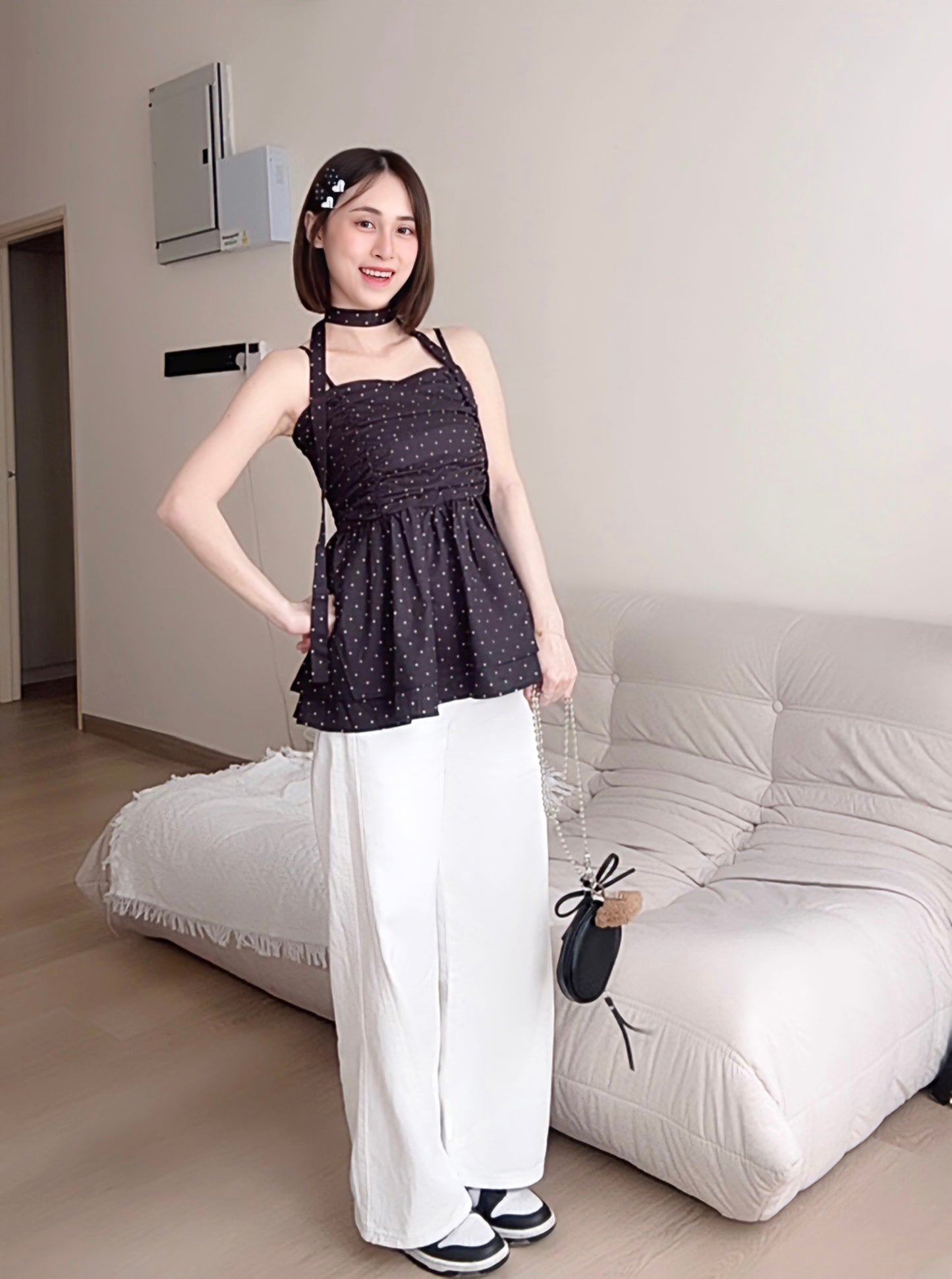 BLACK POLKA DOT RUFFLE CAMI TOP