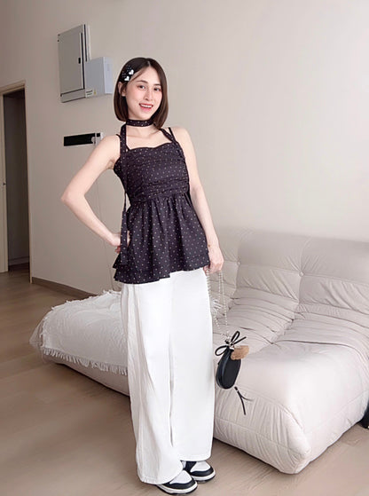 BLACK POLKA DOT RUFFLE CAMI TOP
