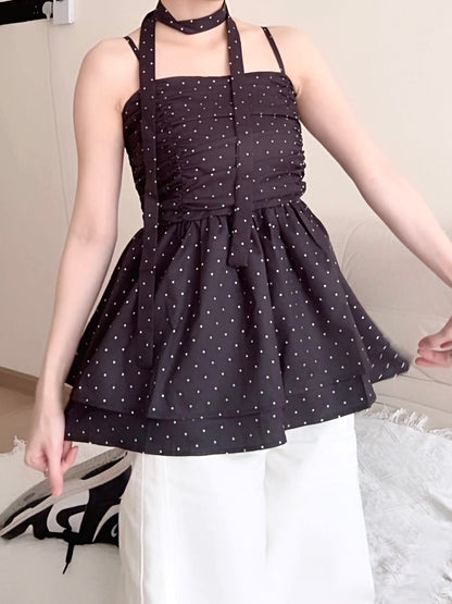 BLACK POLKA DOT RUFFLE CAMI TOP