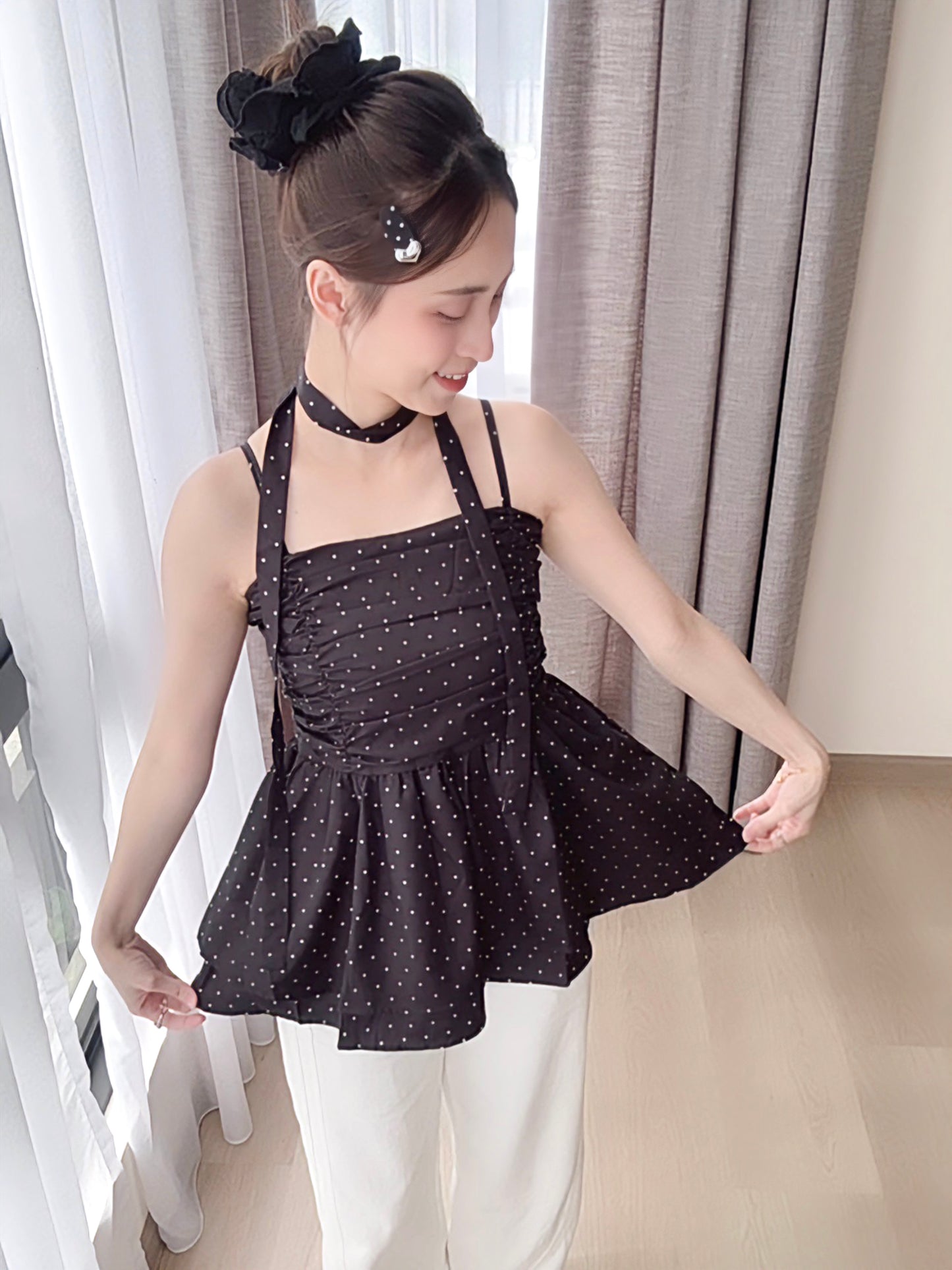 BLACK POLKA DOT RUFFLE CAMI TOP