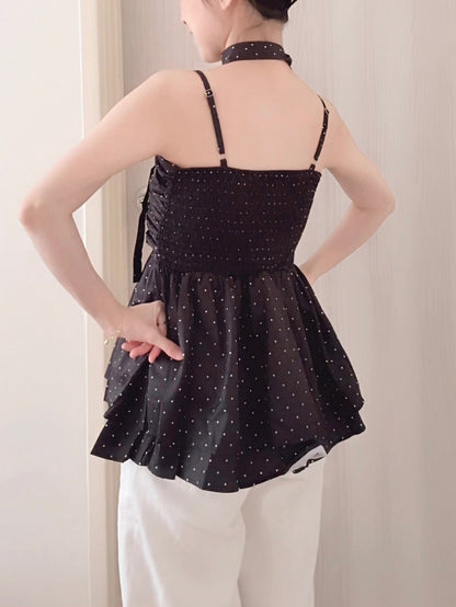 BLACK POLKA DOT RUFFLE CAMI TOP