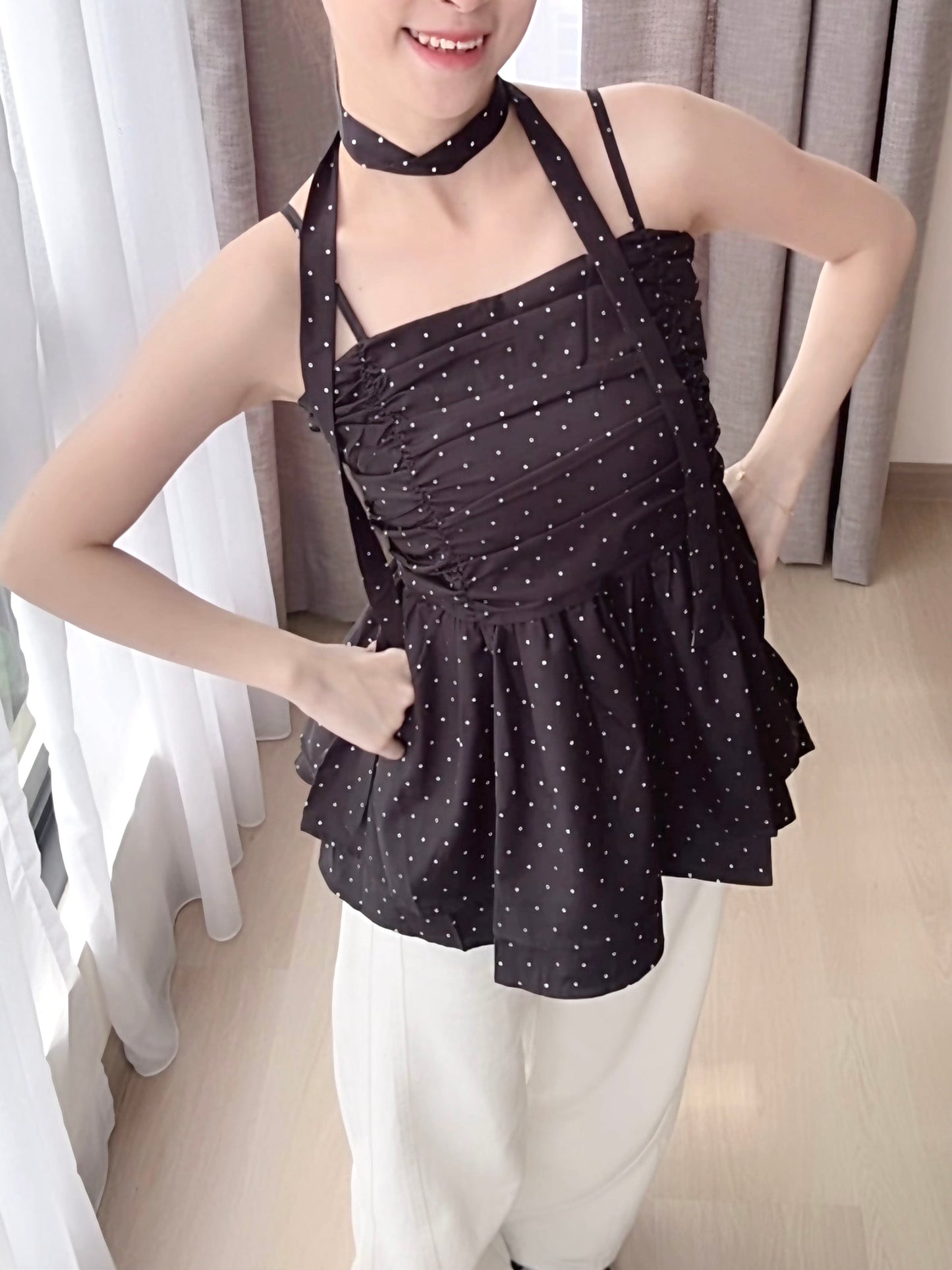 BLACK POLKA DOT RUFFLE CAMI TOP