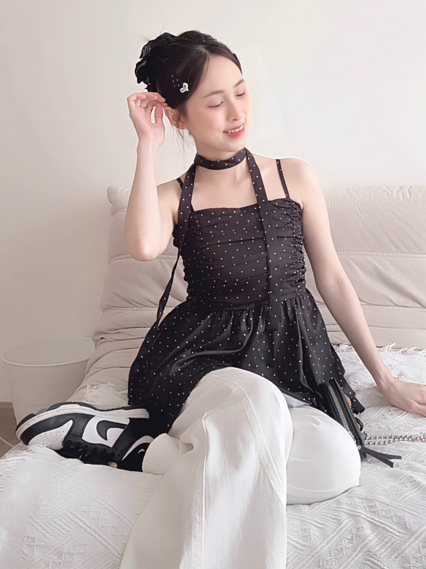BLACK POLKA DOT RUFFLE CAMI TOP