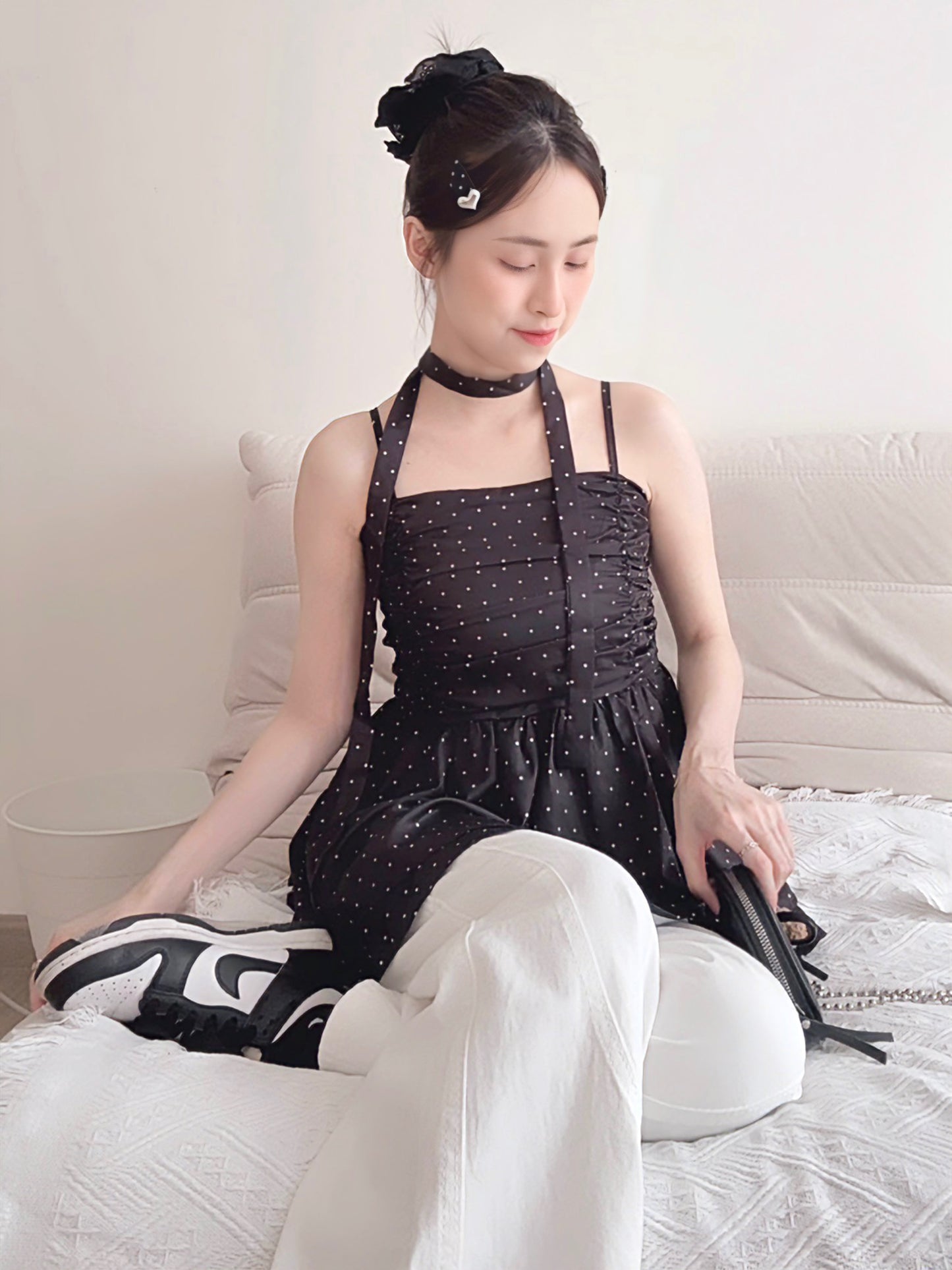 BLACK POLKA DOT RUFFLE CAMI TOP