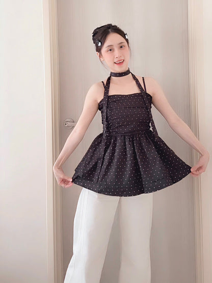 BLACK POLKA DOT RUFFLE CAMI TOP